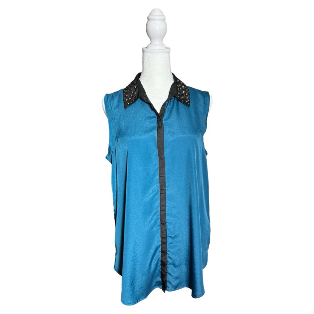 Rock & Republic Women’s Sleeveless Studded Collar Blue With Black Trim Size L